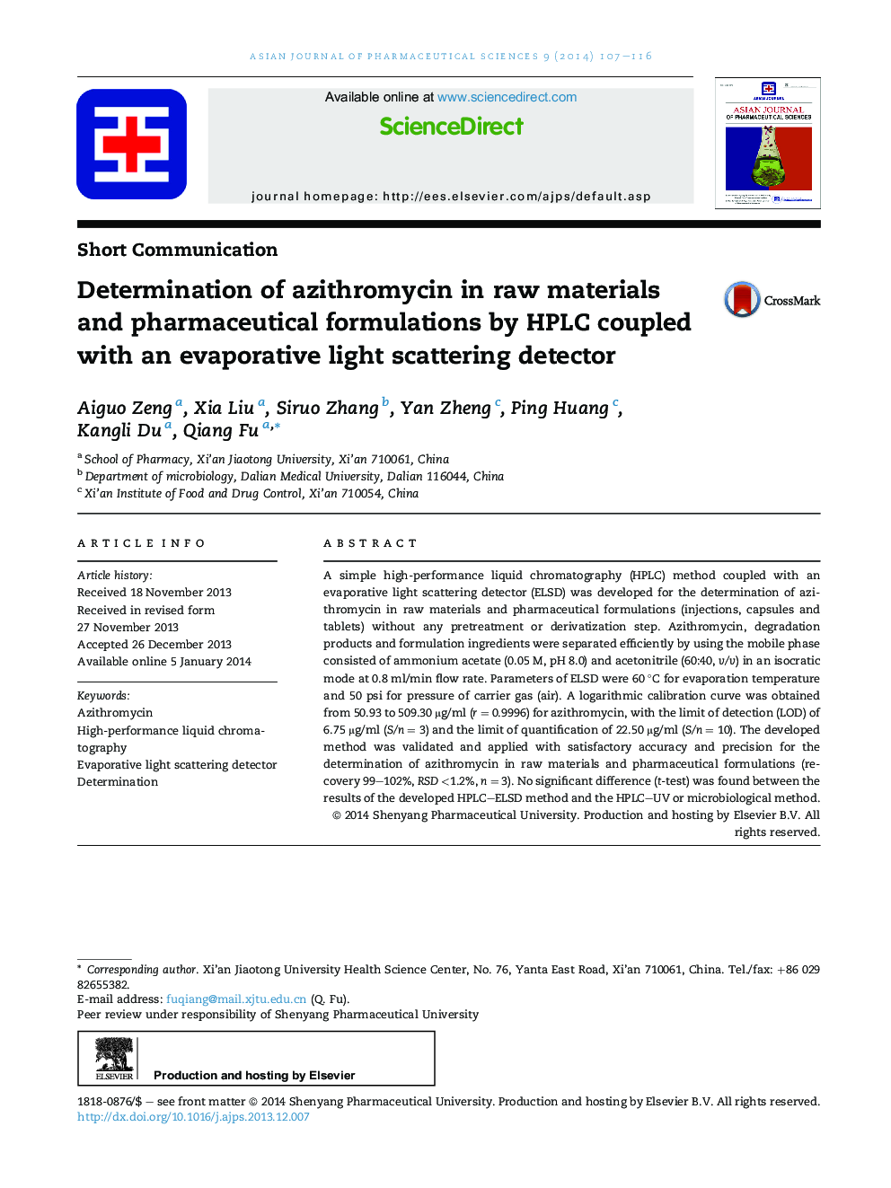 Determination of azithromycin in raw materials and pharmaceutical formulations by HPLC coupled with an evaporative light scattering detector 