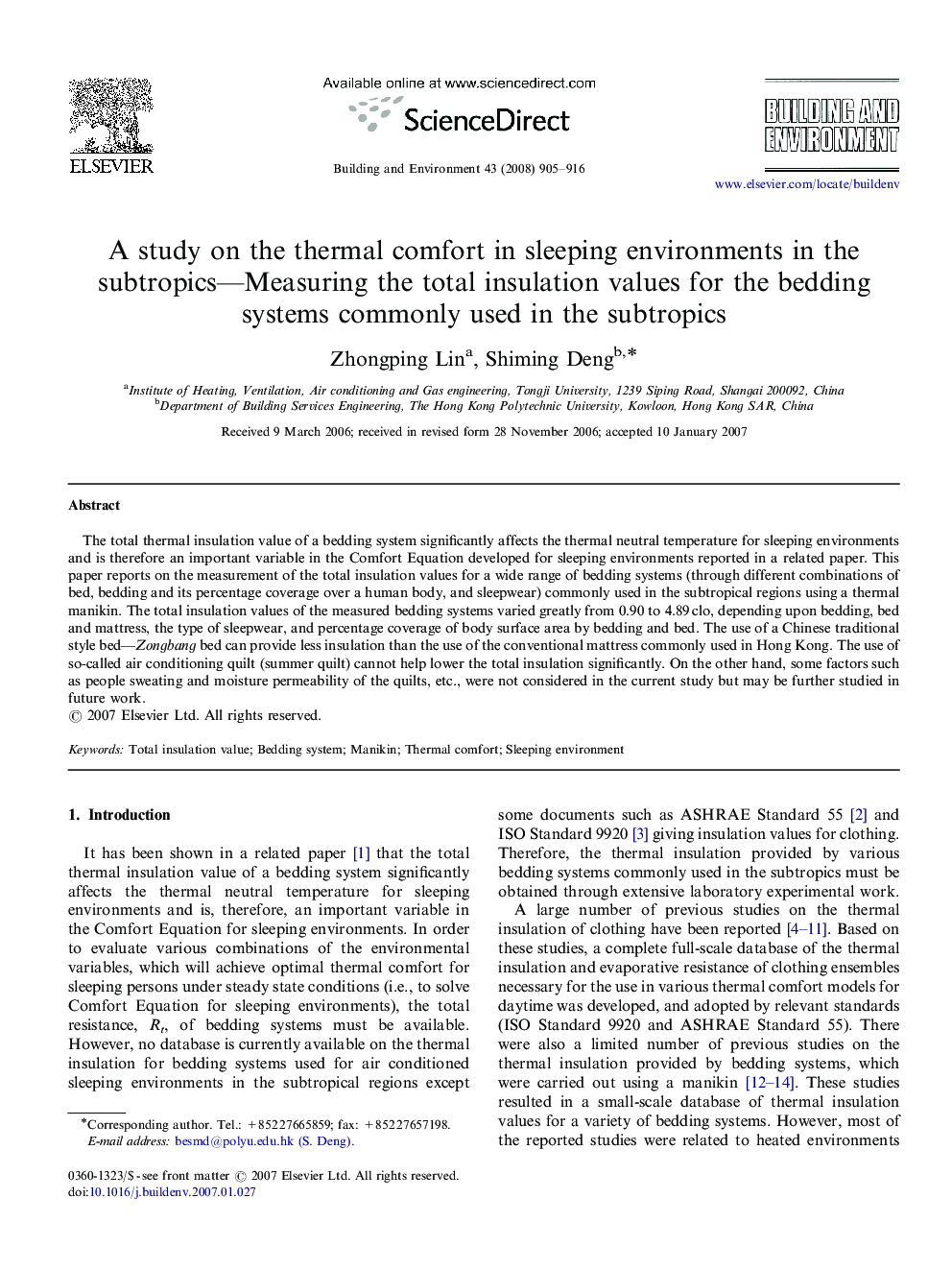 A study on the thermal comfort in sleeping environments in the subtropics—Measuring the total insulation values for the bedding systems commonly used in the subtropics