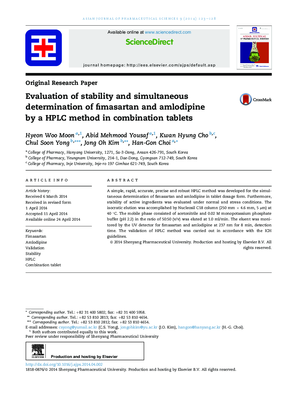 Evaluation of stability and simultaneous determination of fimasartan and amlodipine by a HPLC method in combination tablets 