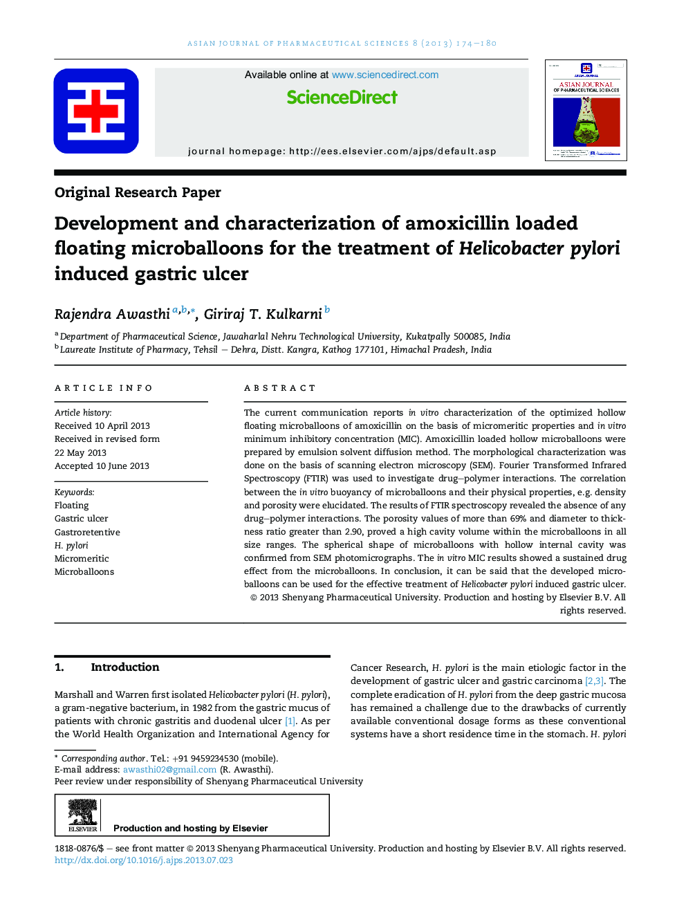 Development and characterization of amoxicillin loaded floating microballoons for the treatment of Helicobacter pylori induced gastric ulcer 