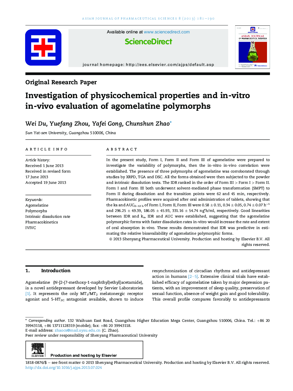 Investigation of physicochemical properties and in-vitro in-vivo evaluation of agomelatine polymorphs 