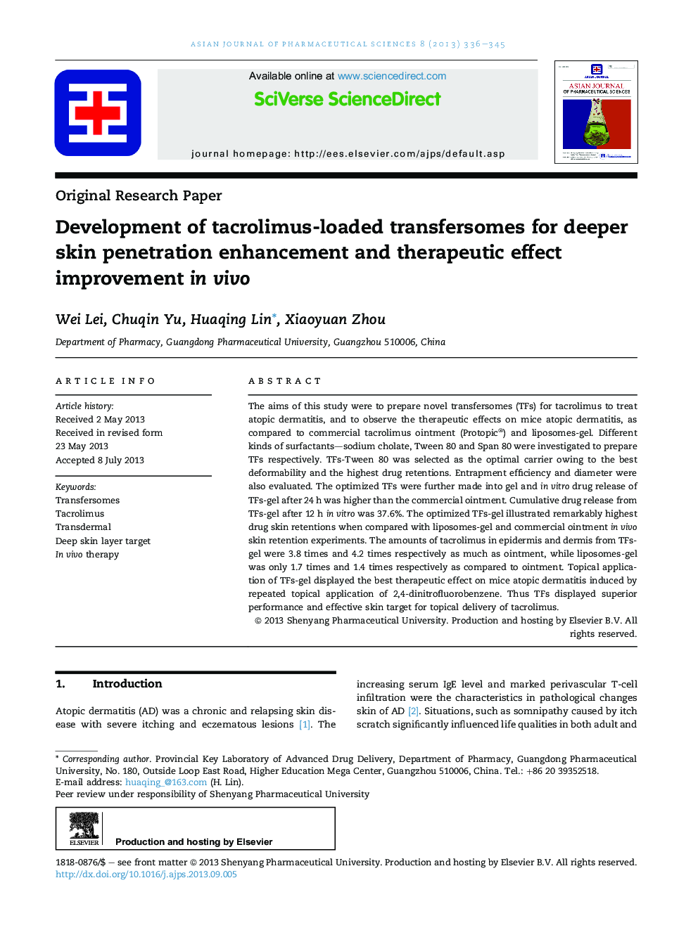 Development of tacrolimus-loaded transfersomes for deeper skin penetration enhancement and therapeutic effect improvement in vivo 