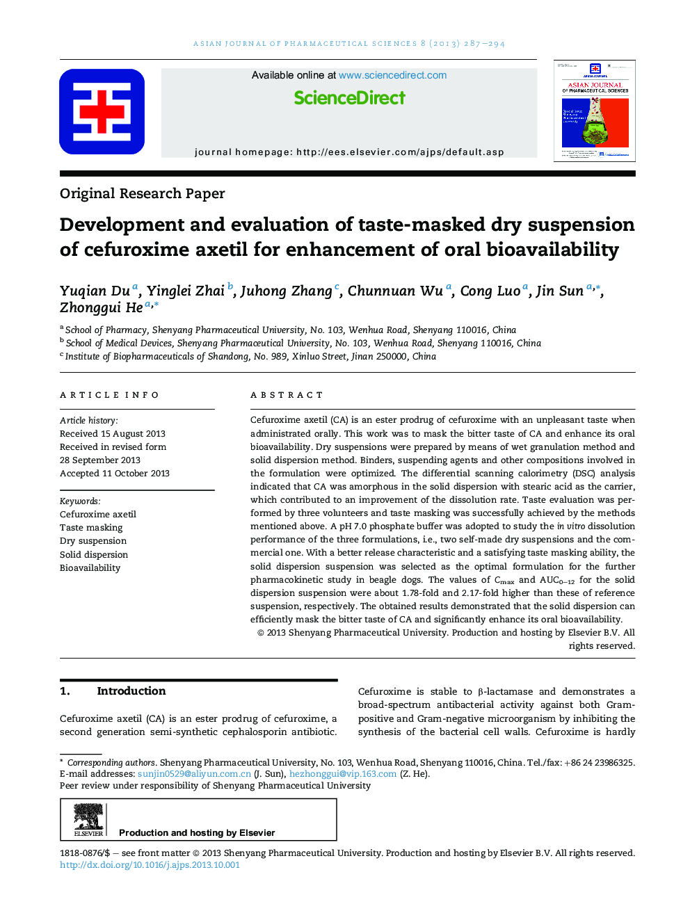 Development and evaluation of taste-masked dry suspension of cefuroxime axetil for enhancement of oral bioavailability 