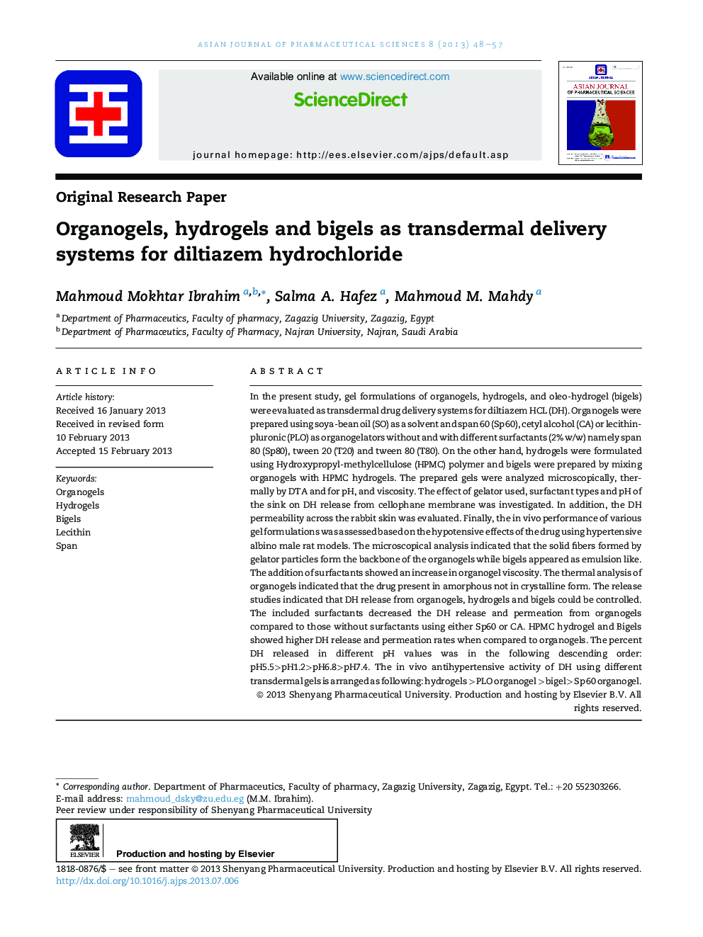 Organogels, hydrogels and bigels as transdermal delivery systems for diltiazem hydrochloride 