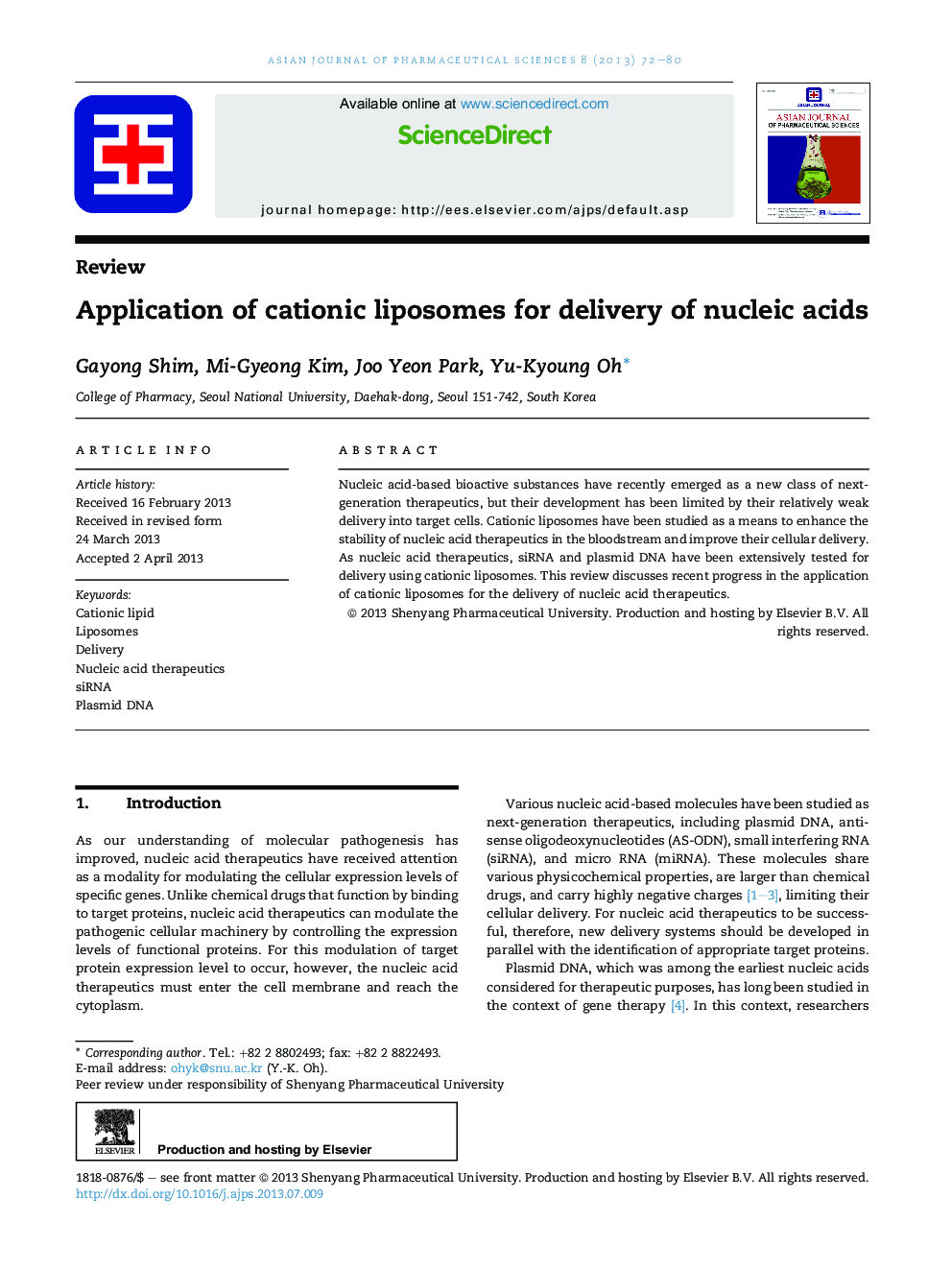 Application of cationic liposomes for delivery of nucleic acids 