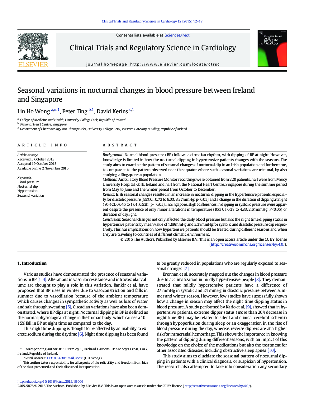 Seasonal variations in nocturnal changes in blood pressure between Ireland and Singapore