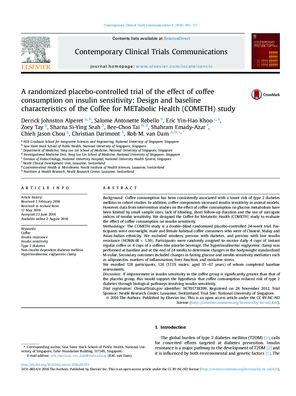 A randomized placebo-controlled trial of the effect of coffee consumption on insulin sensitivity: Design and baseline characteristics of the Coffee for METabolic Health (COMETH) study