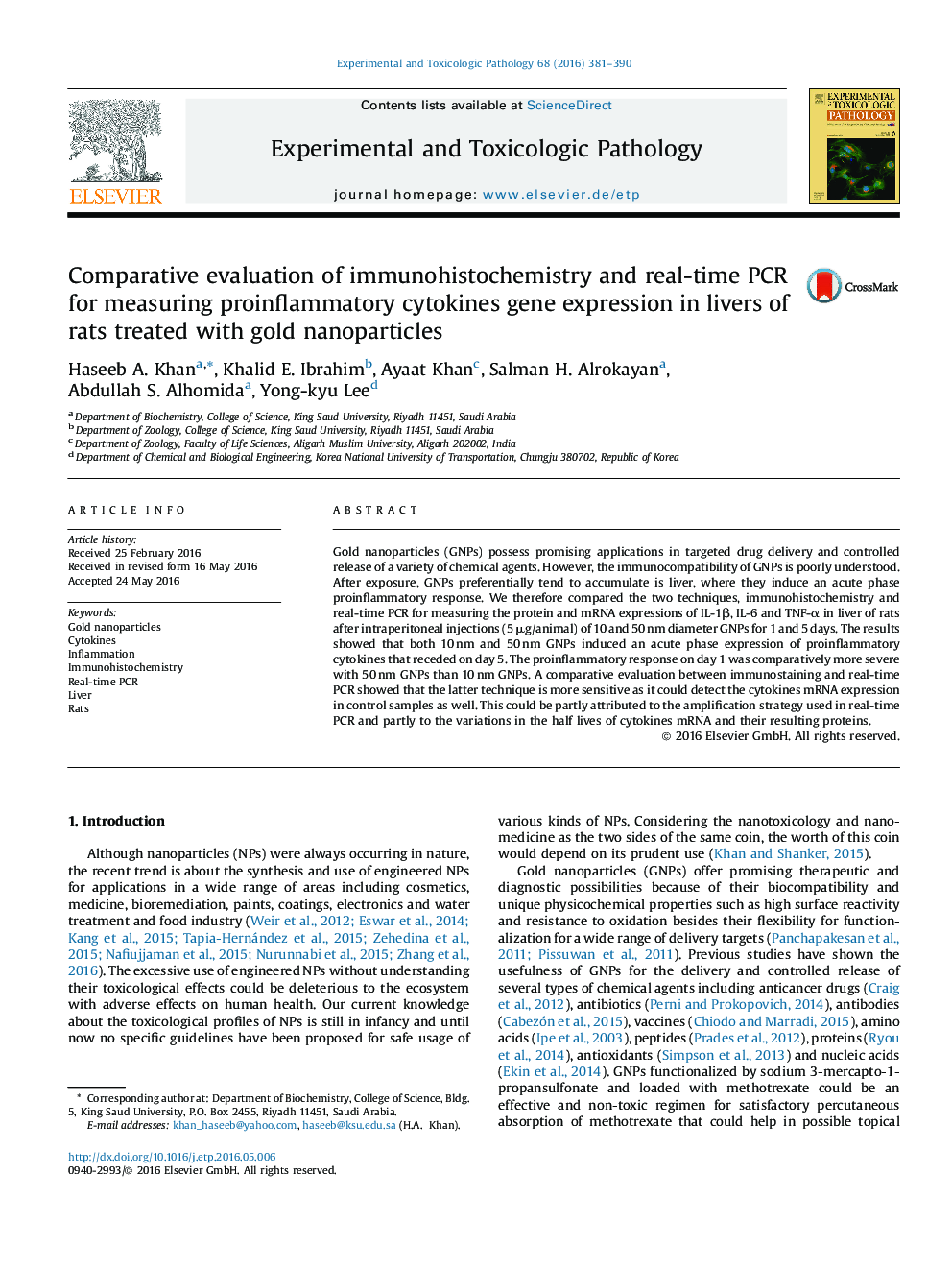 Comparative evaluation of immunohistochemistry and real-time PCR for measuring proinflammatory cytokines gene expression in livers of rats treated with gold nanoparticles