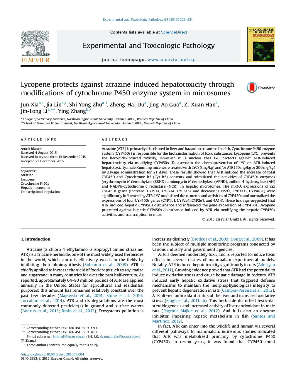 Lycopene protects against atrazine-induced hepatotoxicity through modifications of cytochrome P450 enzyme system in microsomes