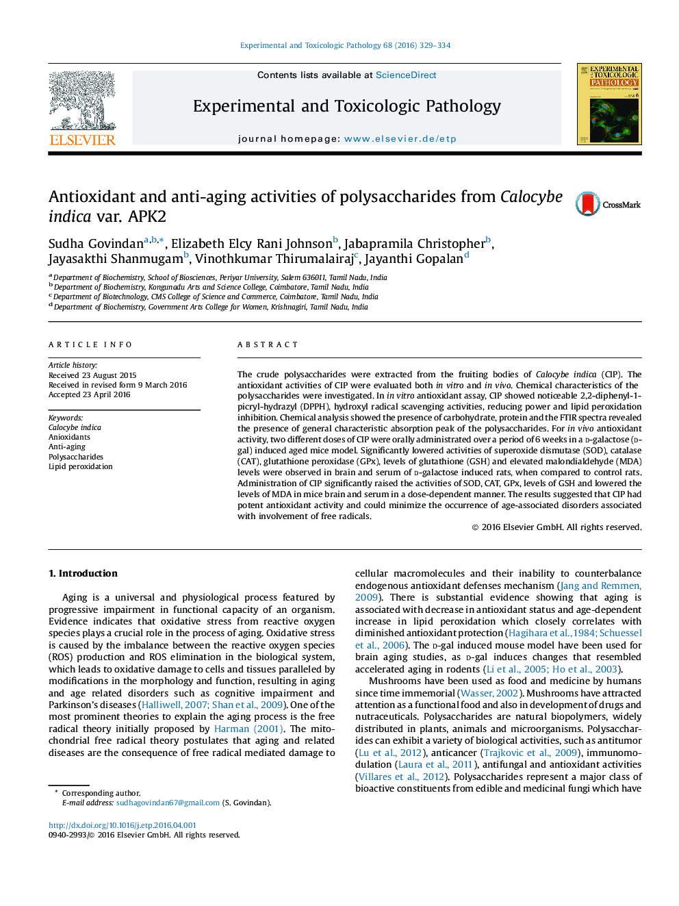 Antioxidant and anti-aging activities of polysaccharides from Calocybe indica var. APK2