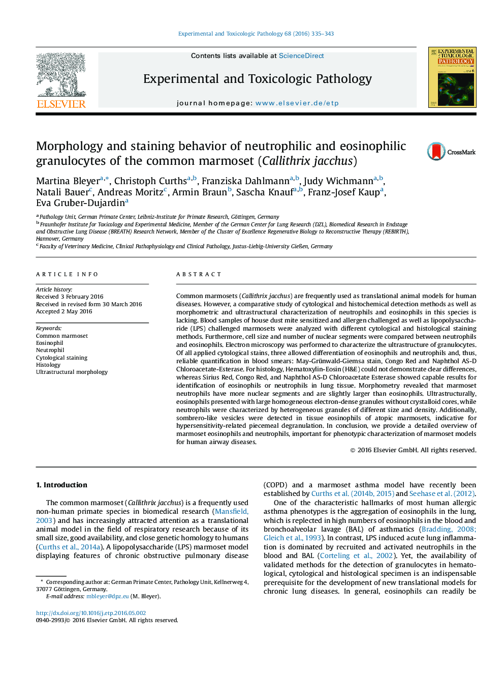 Morphology and staining behavior of neutrophilic and eosinophilic granulocytes of the common marmoset (Callithrix jacchus)