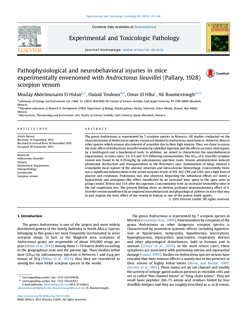 Pathophysiological and neurobehavioral injuries in mice experimentally envenomed with Androctonus liouvillei (Pallary, 1928) scorpion venom