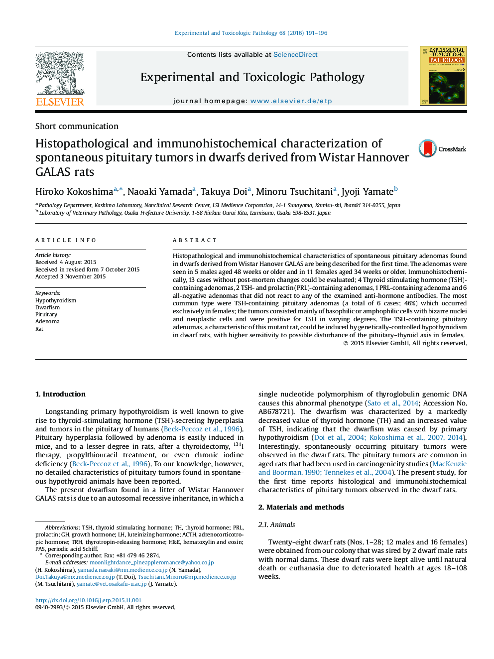 Histopathological and immunohistochemical characterization of spontaneous pituitary tumors in dwarfs derived from Wistar Hannover GALAS rats