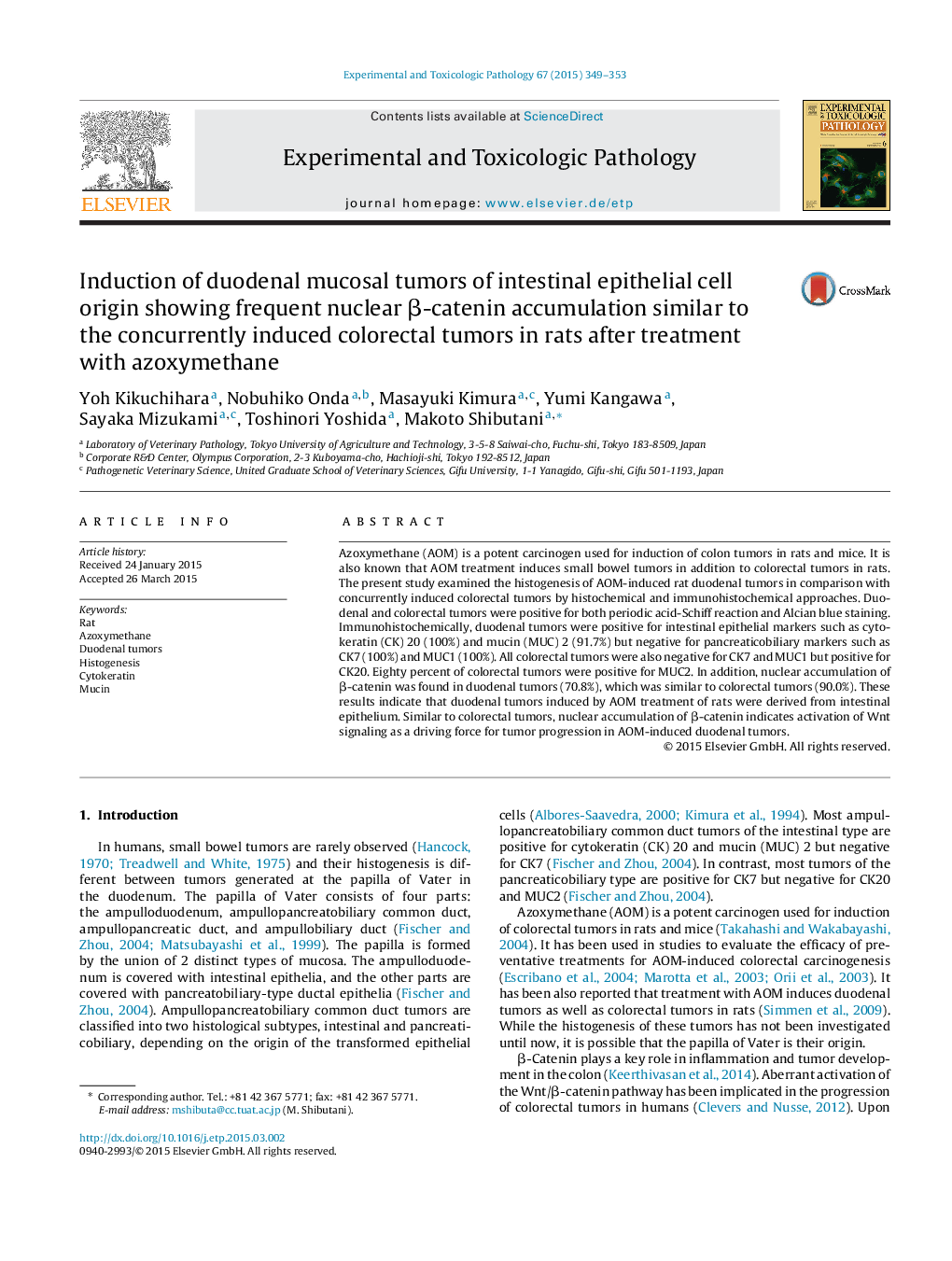 Induction of duodenal mucosal tumors of intestinal epithelial cell origin showing frequent nuclear β-catenin accumulation similar to the concurrently induced colorectal tumors in rats after treatment with azoxymethane