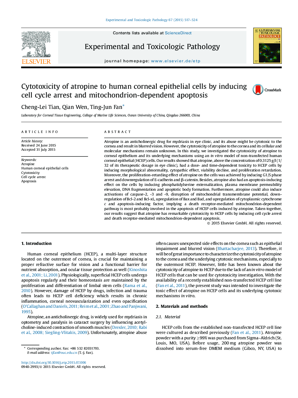 Cytotoxicity of atropine to human corneal epithelial cells by inducing cell cycle arrest and mitochondrion-dependent apoptosis