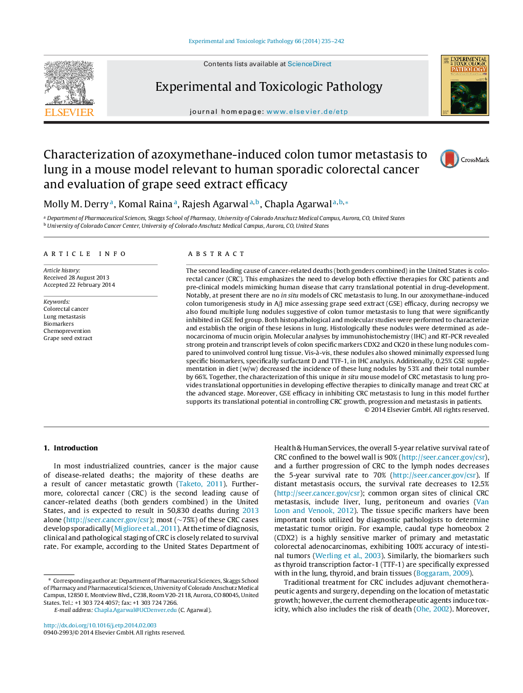 Characterization of azoxymethane-induced colon tumor metastasis to lung in a mouse model relevant to human sporadic colorectal cancer and evaluation of grape seed extract efficacy