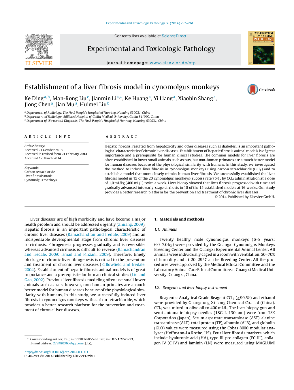 Establishment of a liver fibrosis model in cynomolgus monkeys