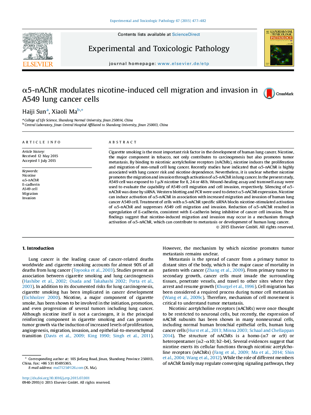 α5-nAChR modulates nicotine-induced cell migration and invasion in A549 lung cancer cells