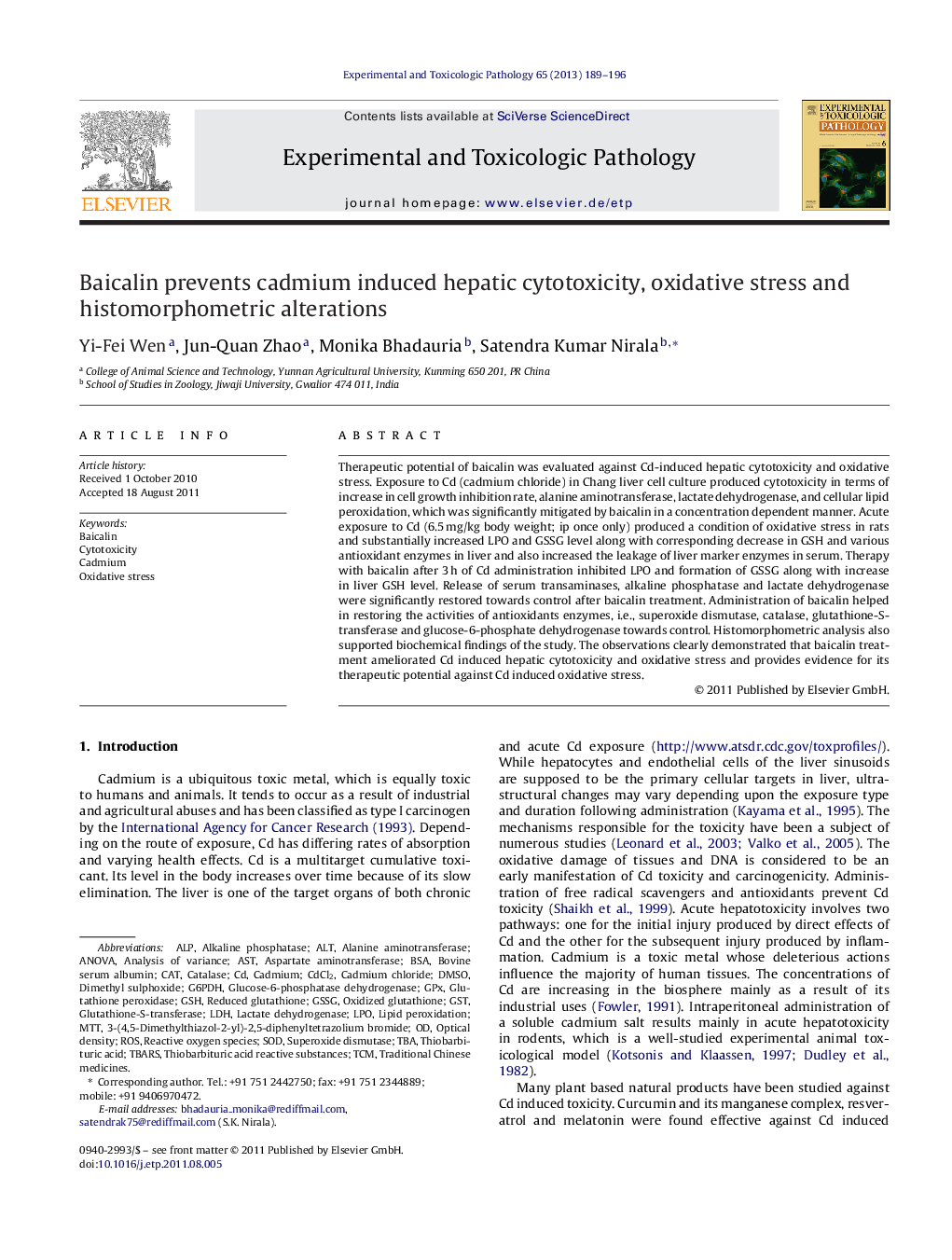 Baicalin prevents cadmium induced hepatic cytotoxicity, oxidative stress and histomorphometric alterations