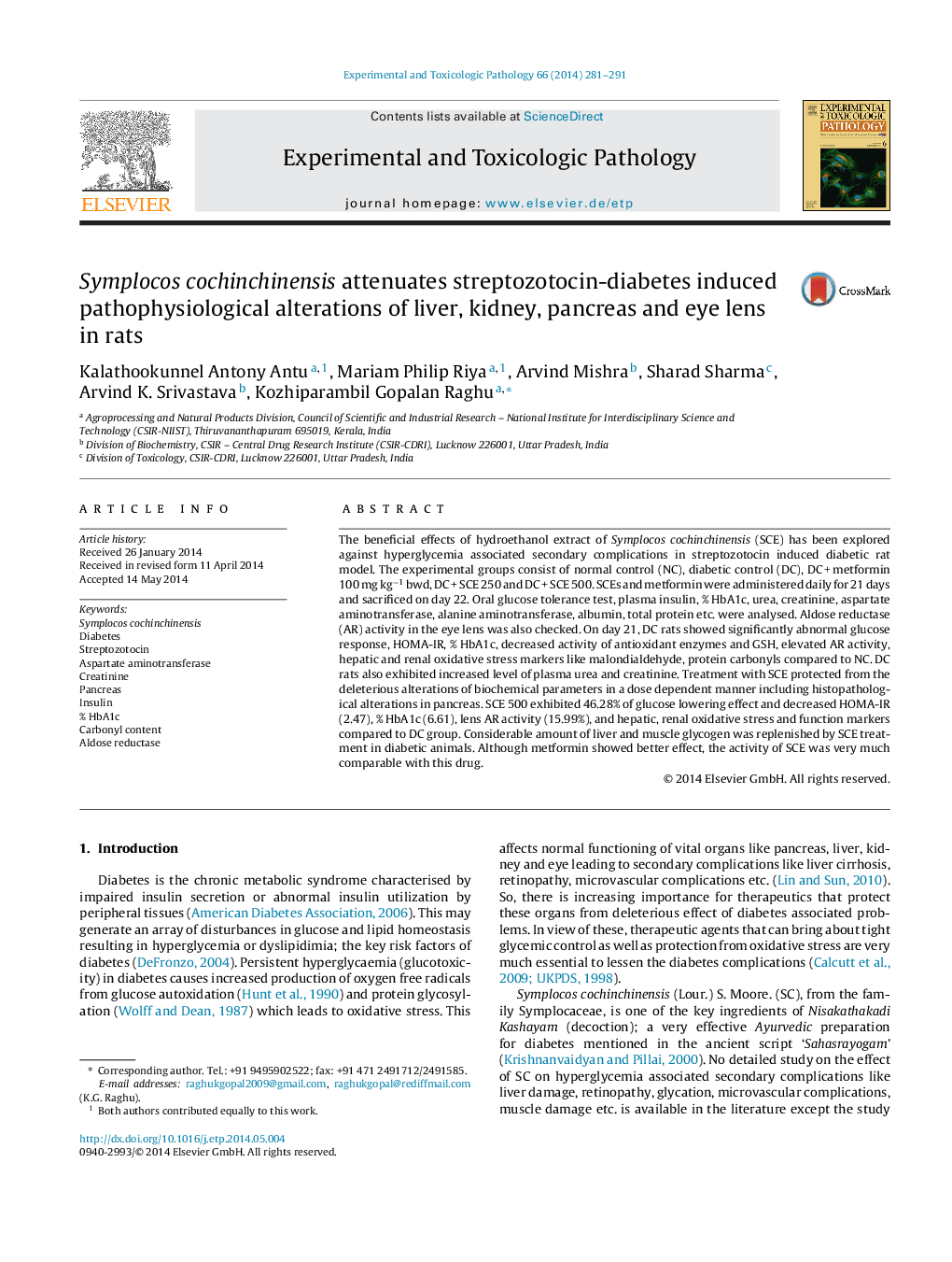 Symplocos cochinchinensis attenuates streptozotocin-diabetes induced pathophysiological alterations of liver, kidney, pancreas and eye lens in rats