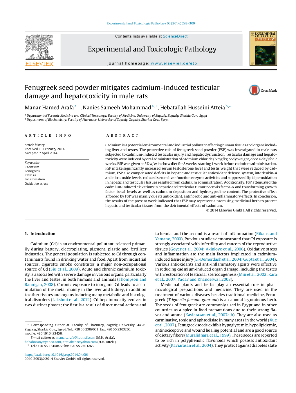 Fenugreek seed powder mitigates cadmium-induced testicular damage and hepatotoxicity in male rats