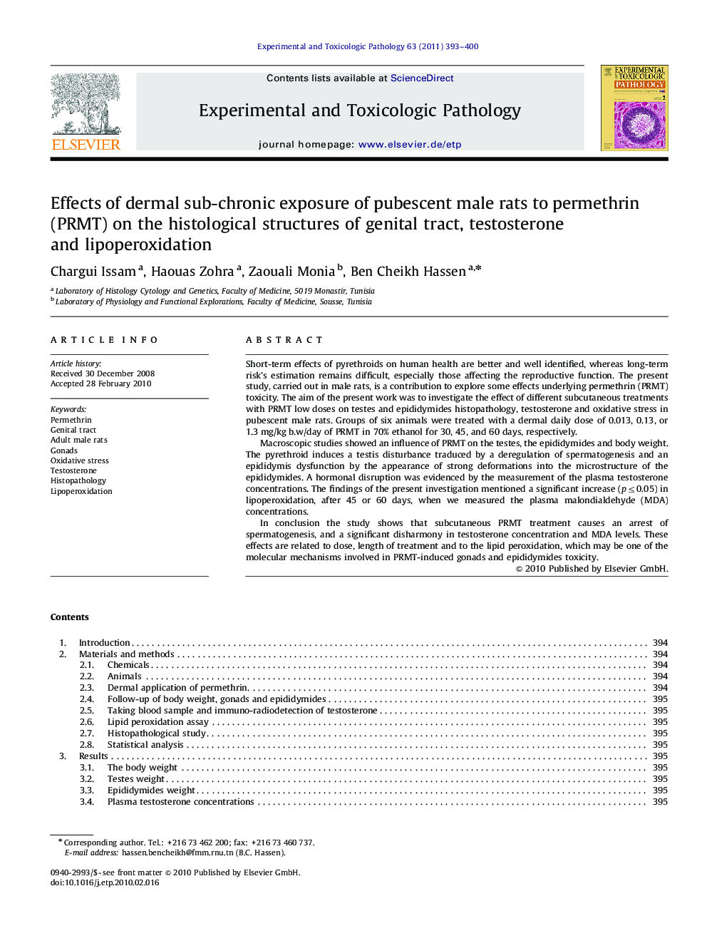 Effects of dermal sub-chronic exposure of pubescent male rats to permethrin (PRMT) on the histological structures of genital tract, testosterone and lipoperoxidation