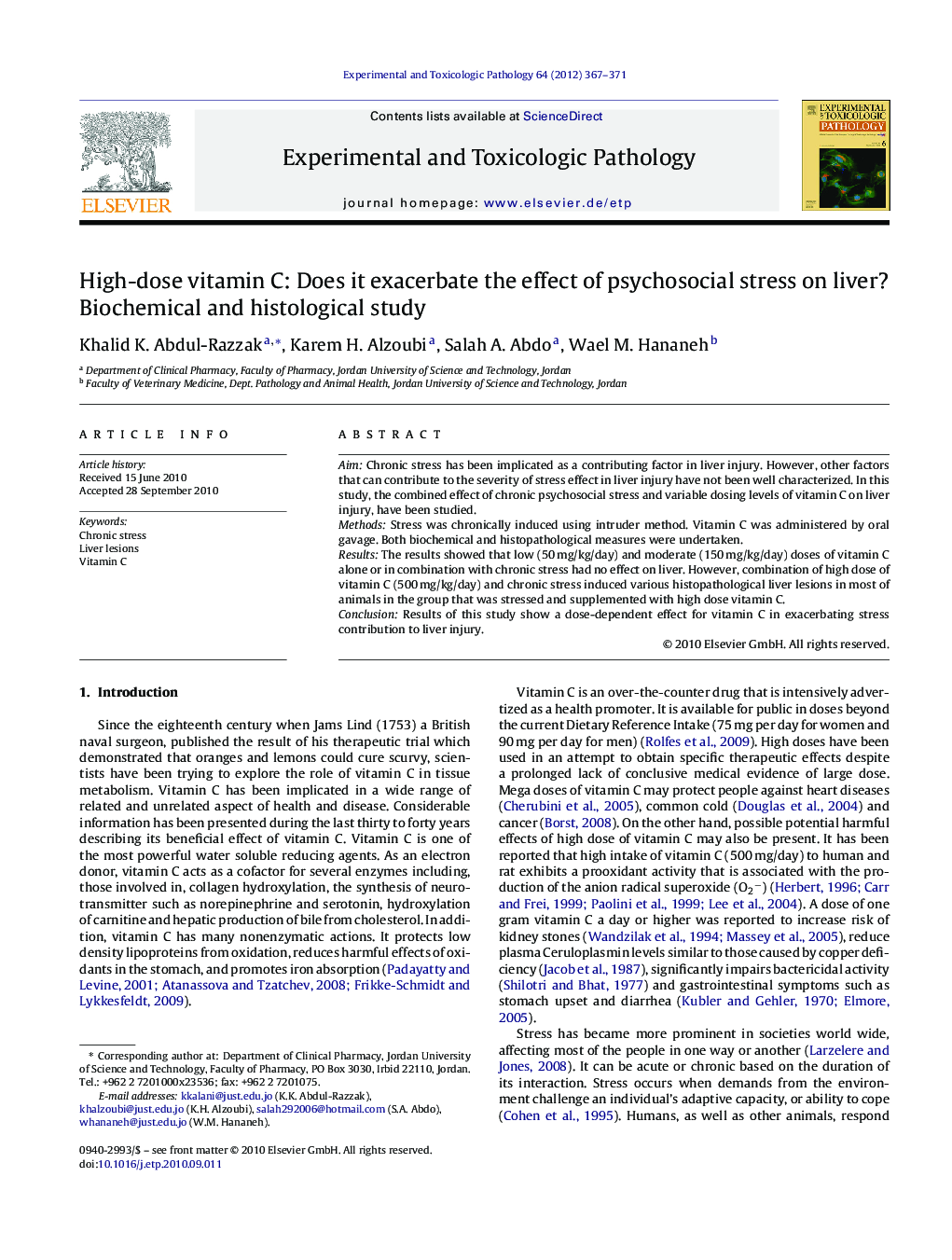 High-dose vitamin C: Does it exacerbate the effect of psychosocial stress on liver? Biochemical and histological study