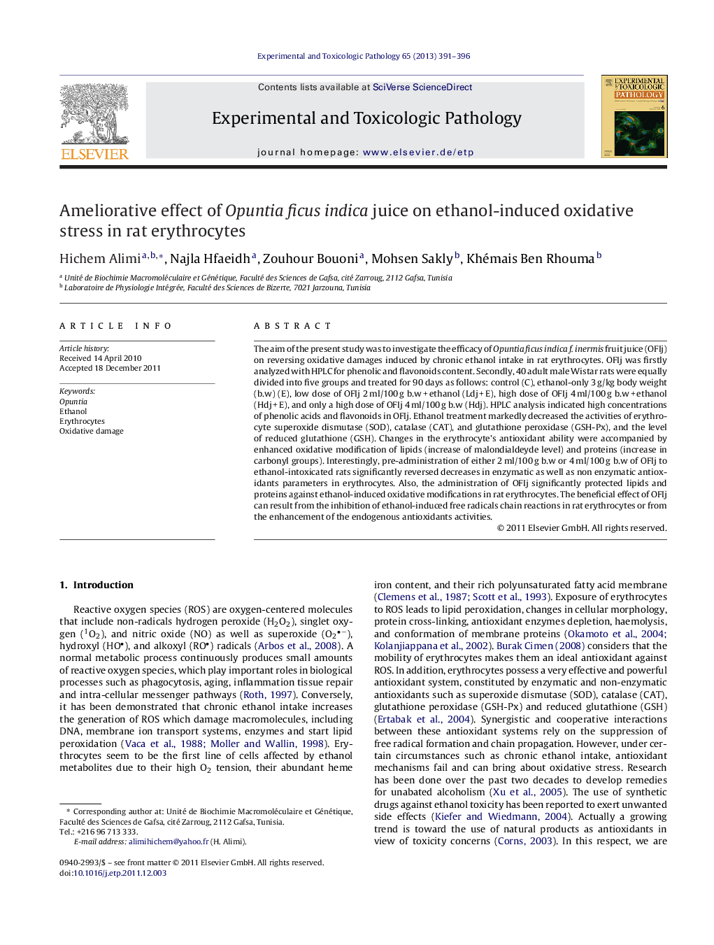 Ameliorative effect of Opuntia ficus indica juice on ethanol-induced oxidative stress in rat erythrocytes