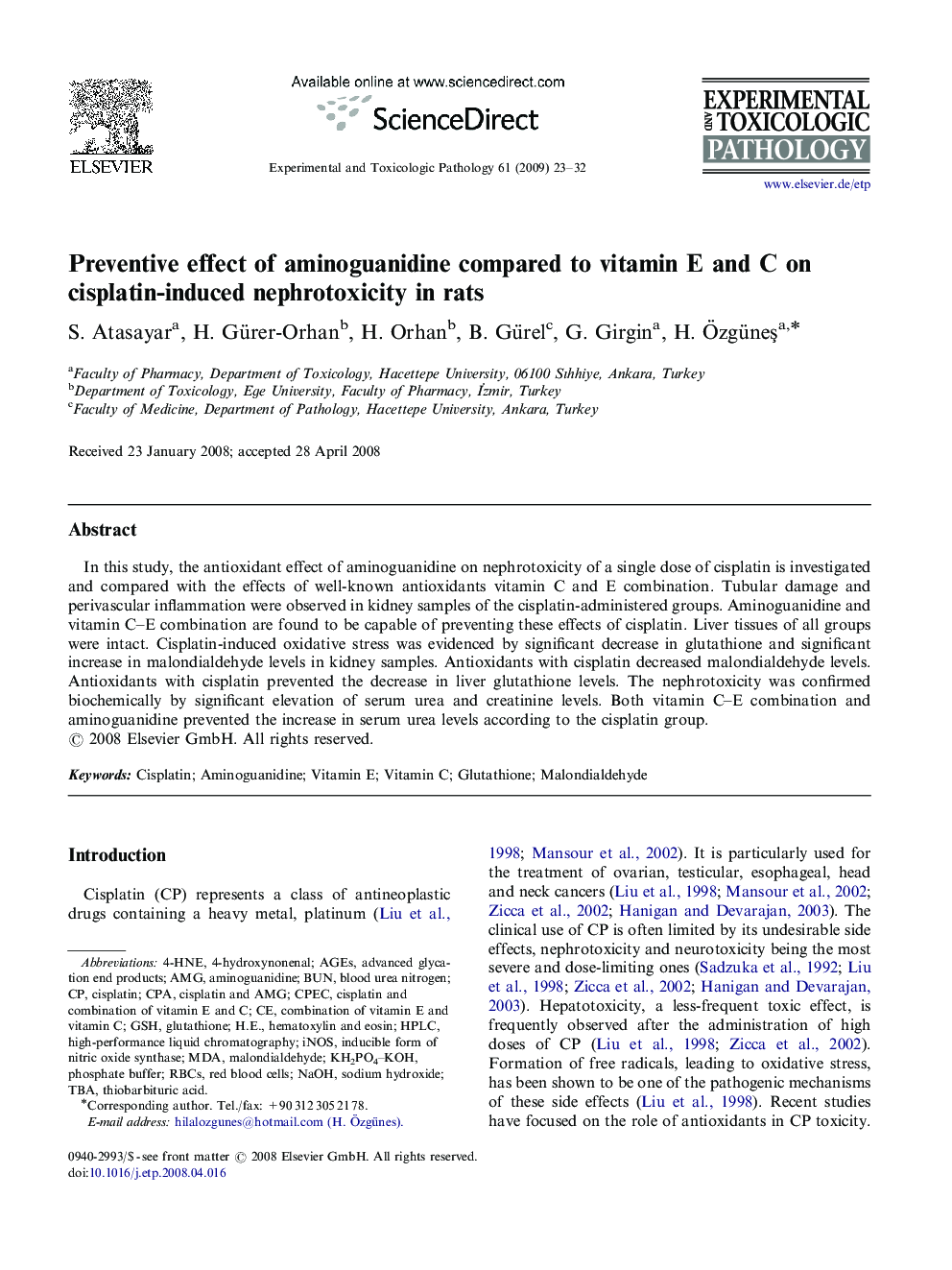 Preventive effect of aminoguanidine compared to vitamin E and C on cisplatin-induced nephrotoxicity in rats