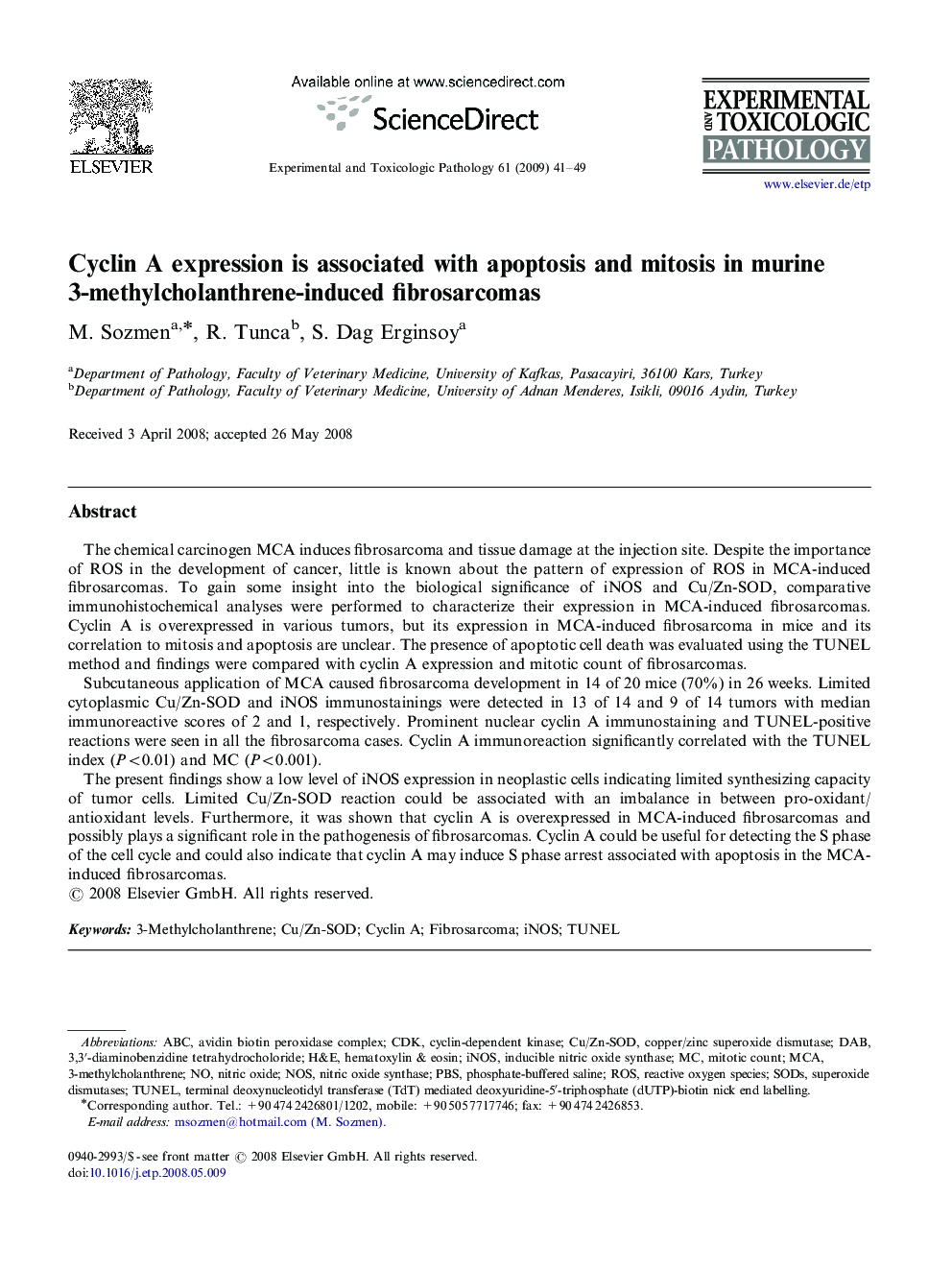 Cyclin A expression is associated with apoptosis and mitosis in murine 3-methylcholanthrene-induced fibrosarcomas