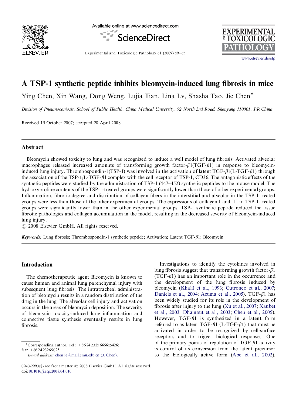 A TSP-1 synthetic peptide inhibits bleomycin-induced lung fibrosis in mice