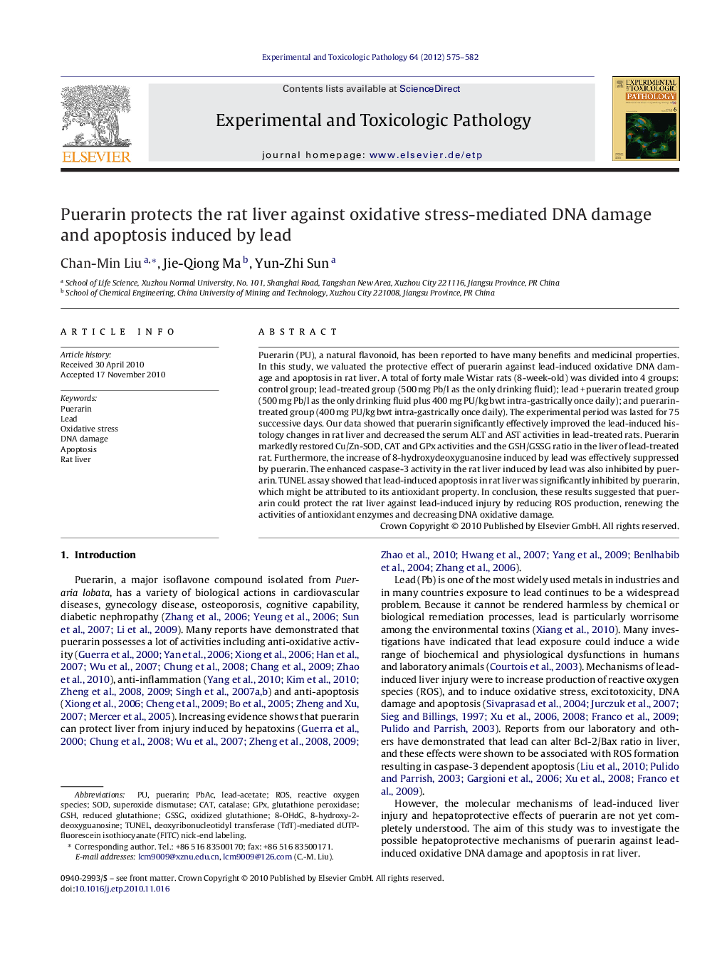 Puerarin protects the rat liver against oxidative stress-mediated DNA damage and apoptosis induced by lead