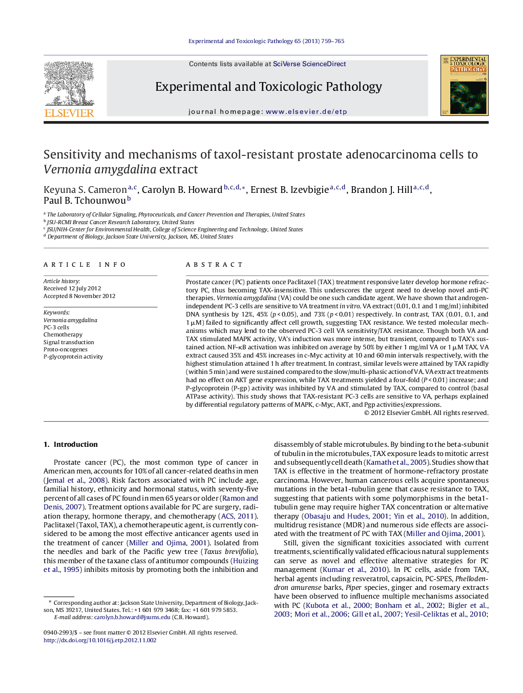 Sensitivity and mechanisms of taxol-resistant prostate adenocarcinoma cells to Vernonia amygdalina extract