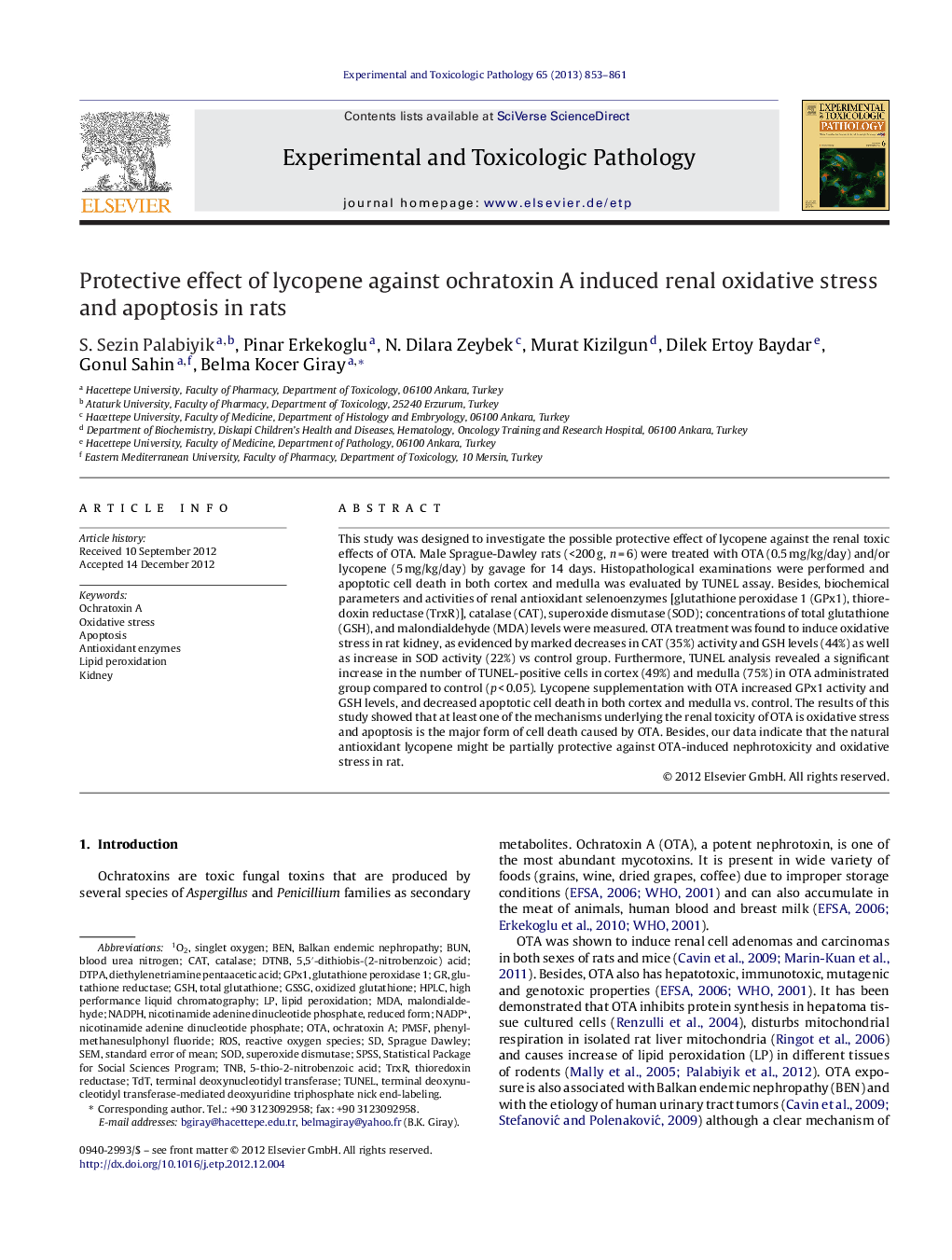 Protective effect of lycopene against ochratoxin A induced renal oxidative stress and apoptosis in rats