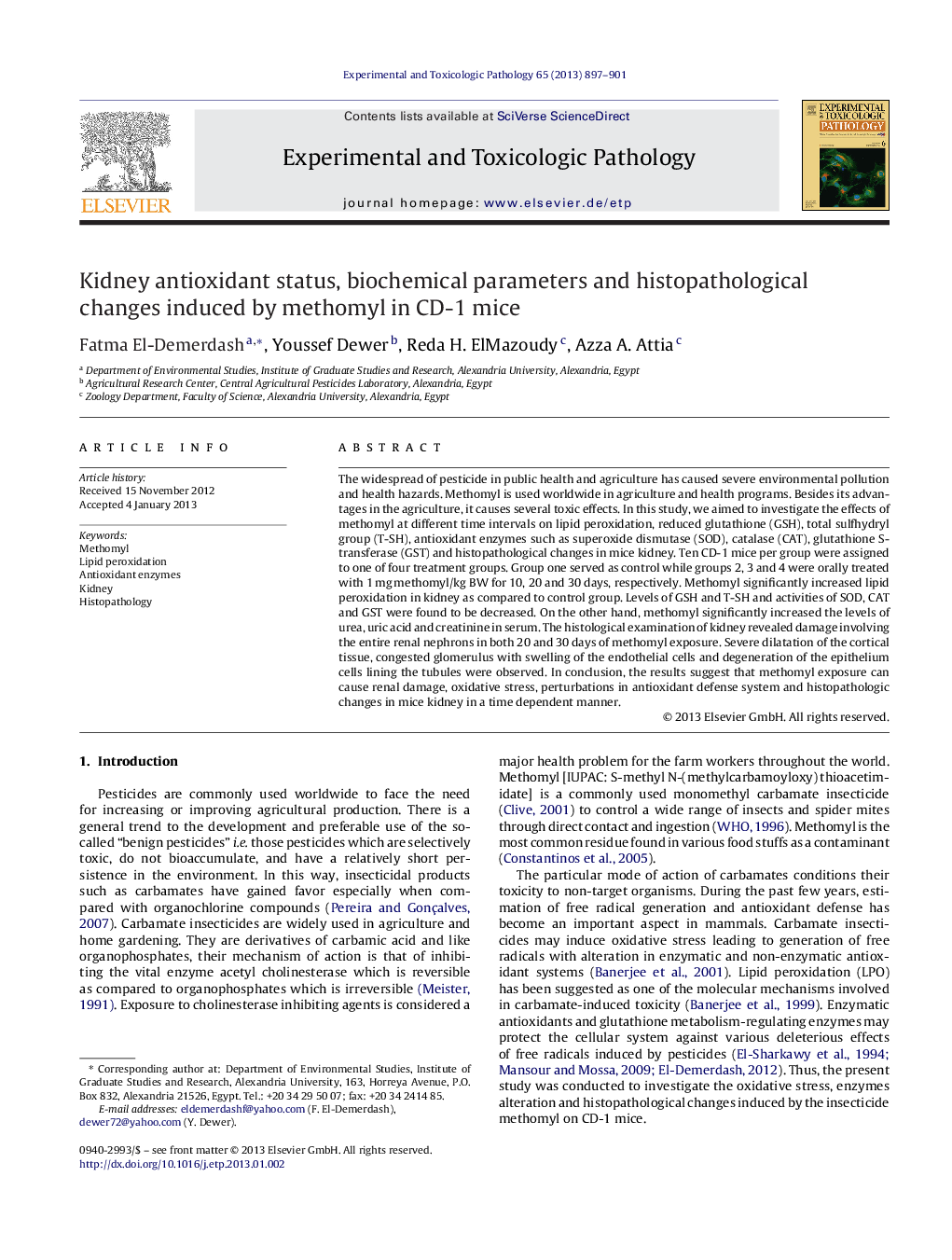 Kidney antioxidant status, biochemical parameters and histopathological changes induced by methomyl in CD-1 mice