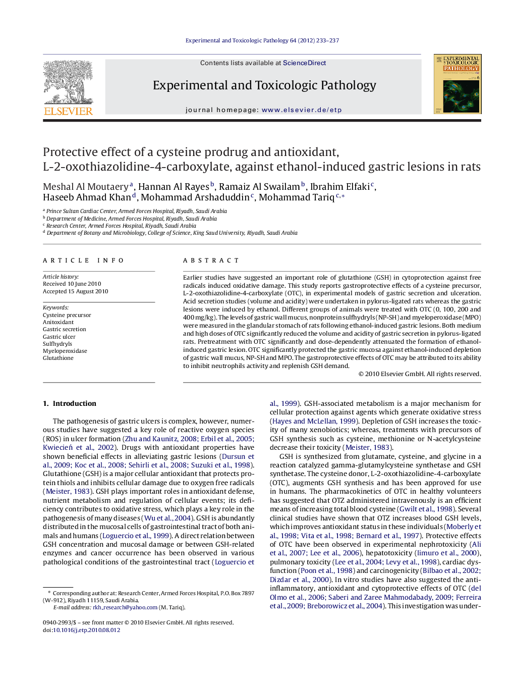 Protective effect of a cysteine prodrug and antioxidant, L-2-oxothiazolidine-4-carboxylate, against ethanol-induced gastric lesions in rats