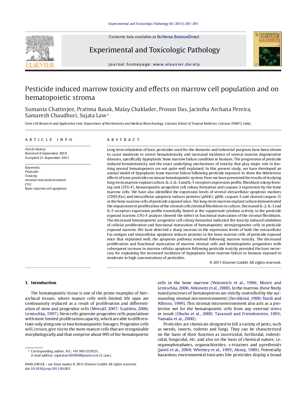 Pesticide induced marrow toxicity and effects on marrow cell population and on hematopoietic stroma