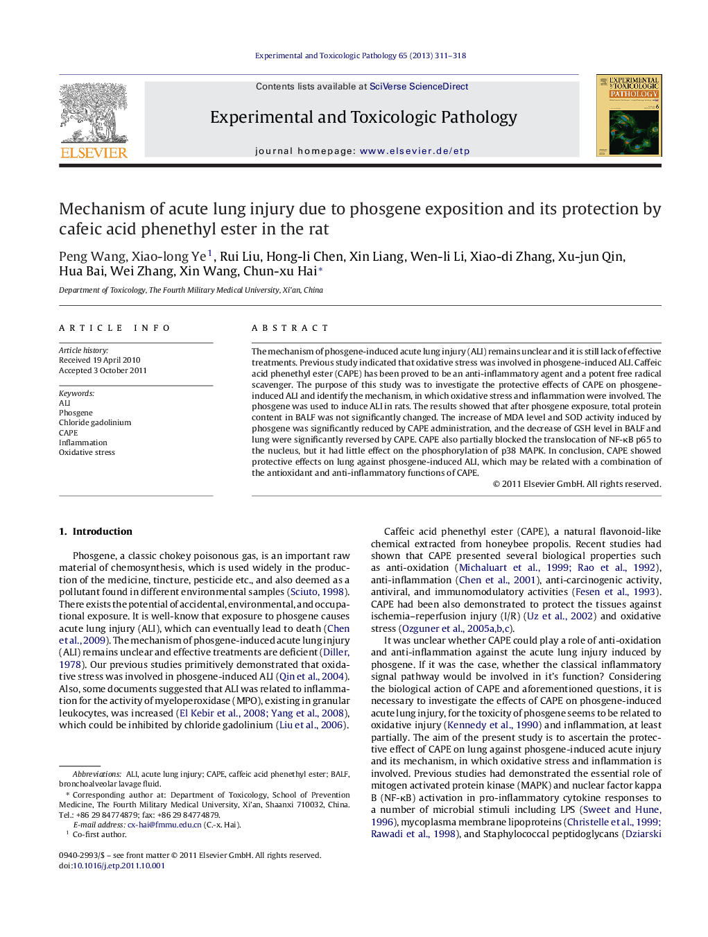 Mechanism of acute lung injury due to phosgene exposition and its protection by cafeic acid phenethyl ester in the rat