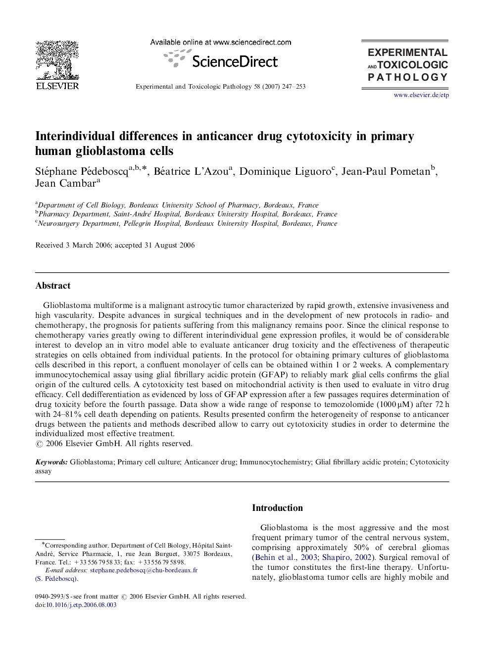 Interindividual differences in anticancer drug cytotoxicity in primary human glioblastoma cells