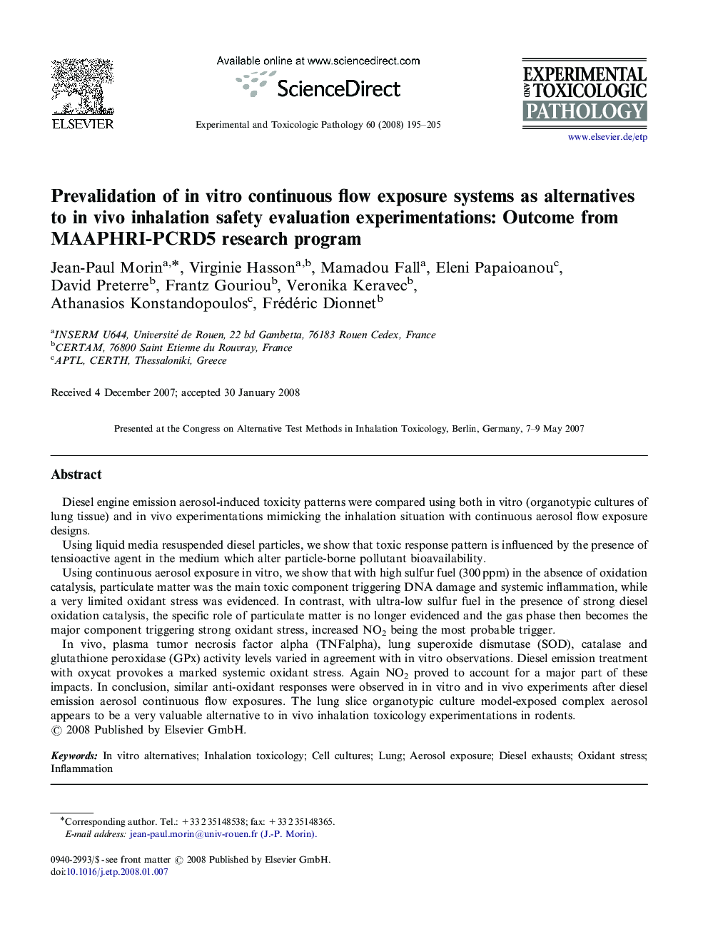 Prevalidation of in vitro continuous flow exposure systems as alternatives to in vivo inhalation safety evaluation experimentations: Outcome from MAAPHRI-PCRD5 research program