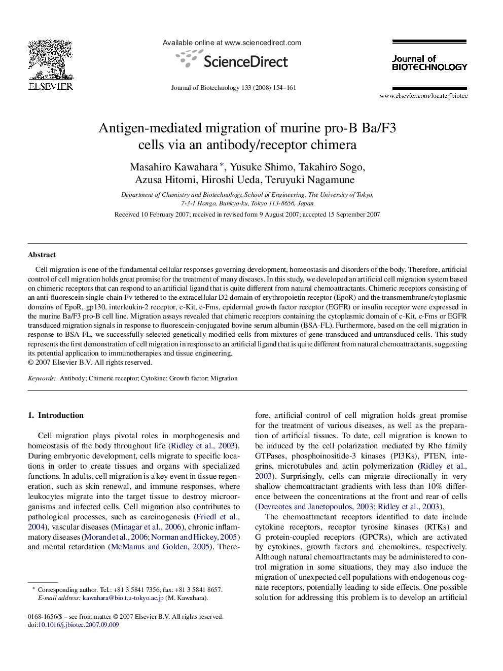 Antigen-mediated migration of murine pro-B Ba/F3 cells via an antibody/receptor chimera