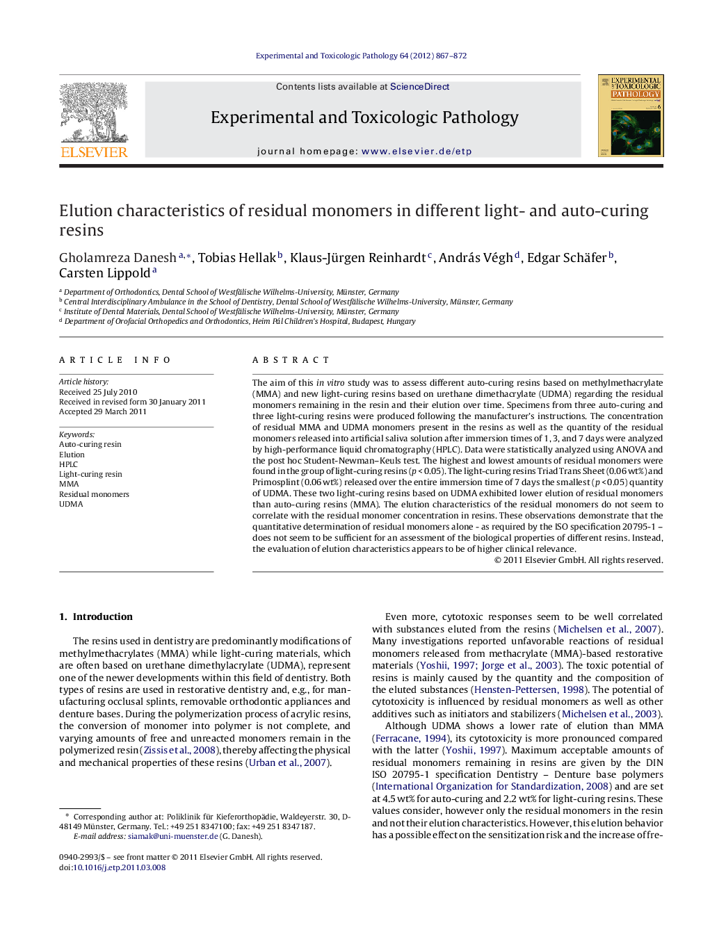 Elution characteristics of residual monomers in different light- and auto-curing resins