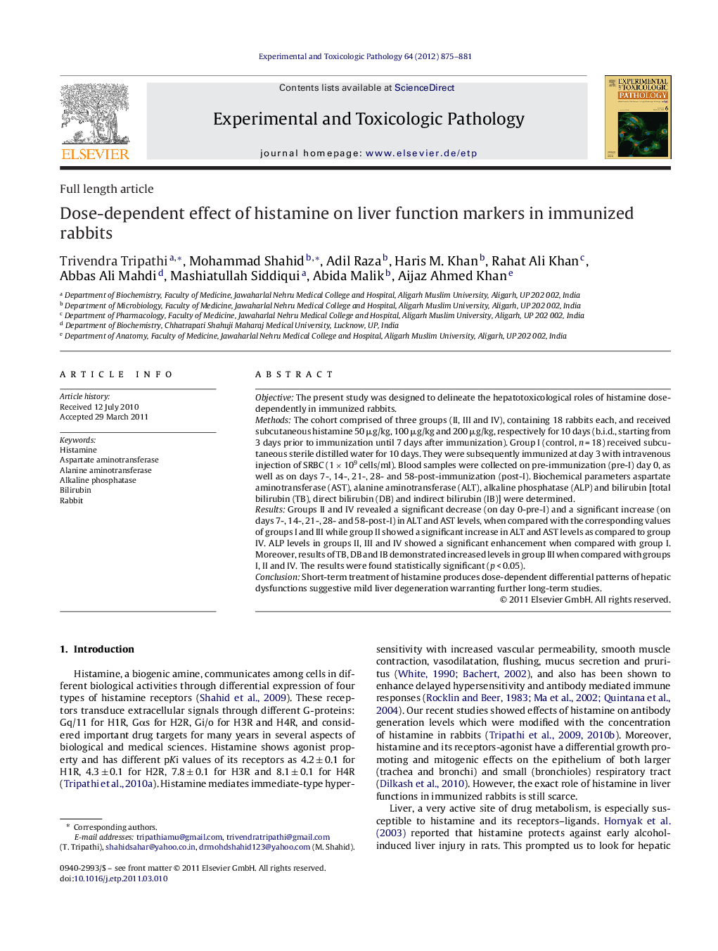 Dose-dependent effect of histamine on liver function markers in immunized rabbits