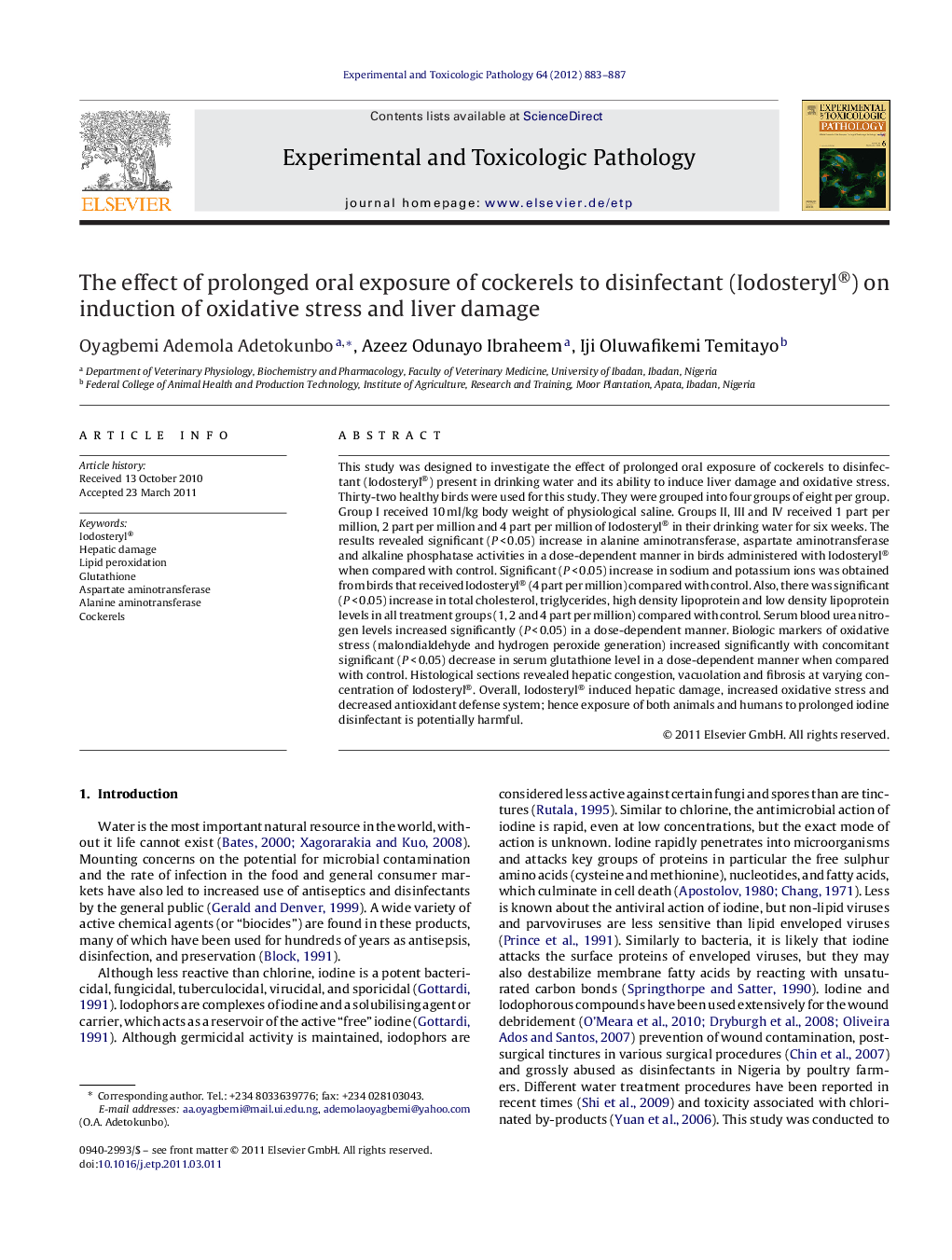 The effect of prolonged oral exposure of cockerels to disinfectant (Iodosteryl®) on induction of oxidative stress and liver damage