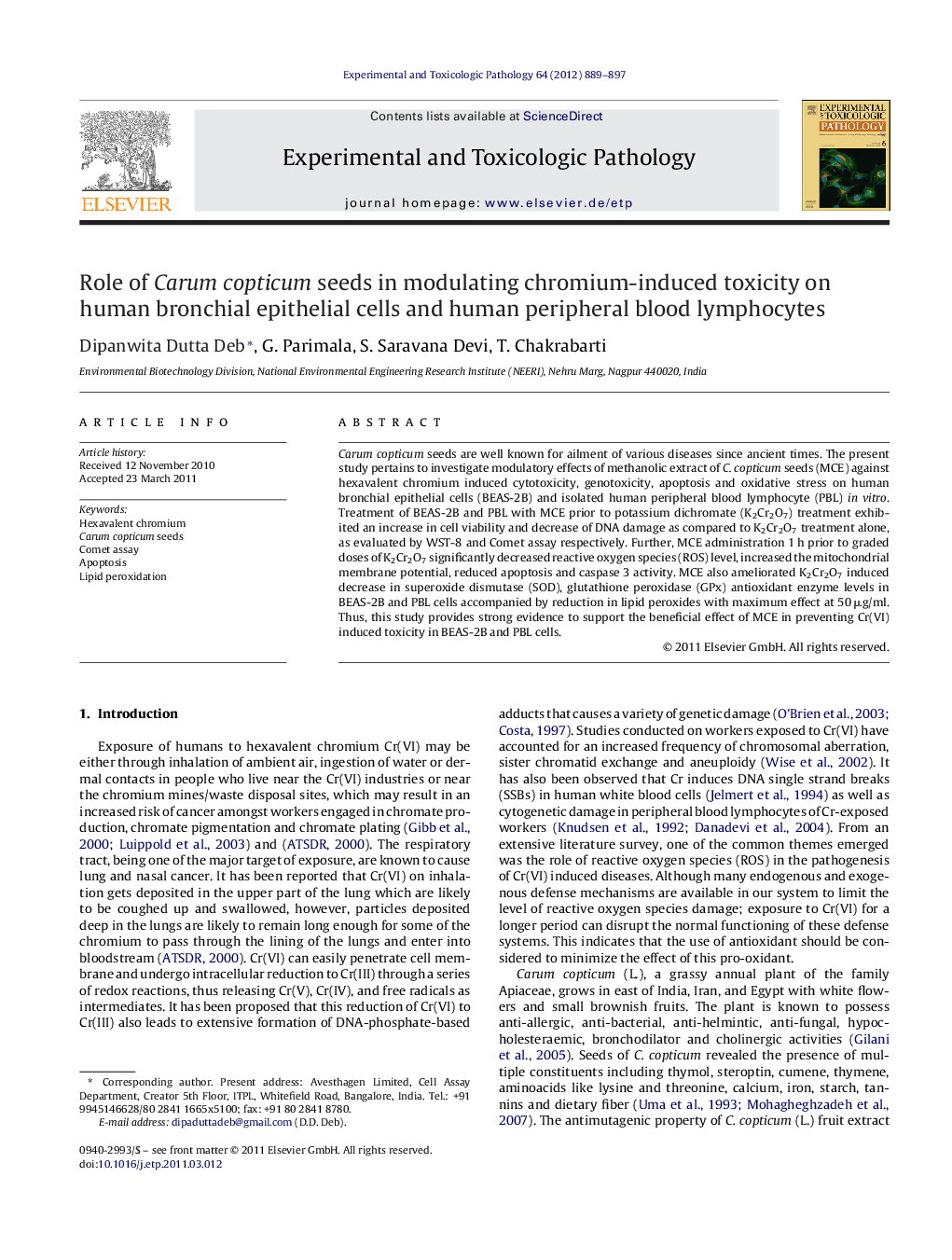 Role of Carum copticum seeds in modulating chromium-induced toxicity on human bronchial epithelial cells and human peripheral blood lymphocytes