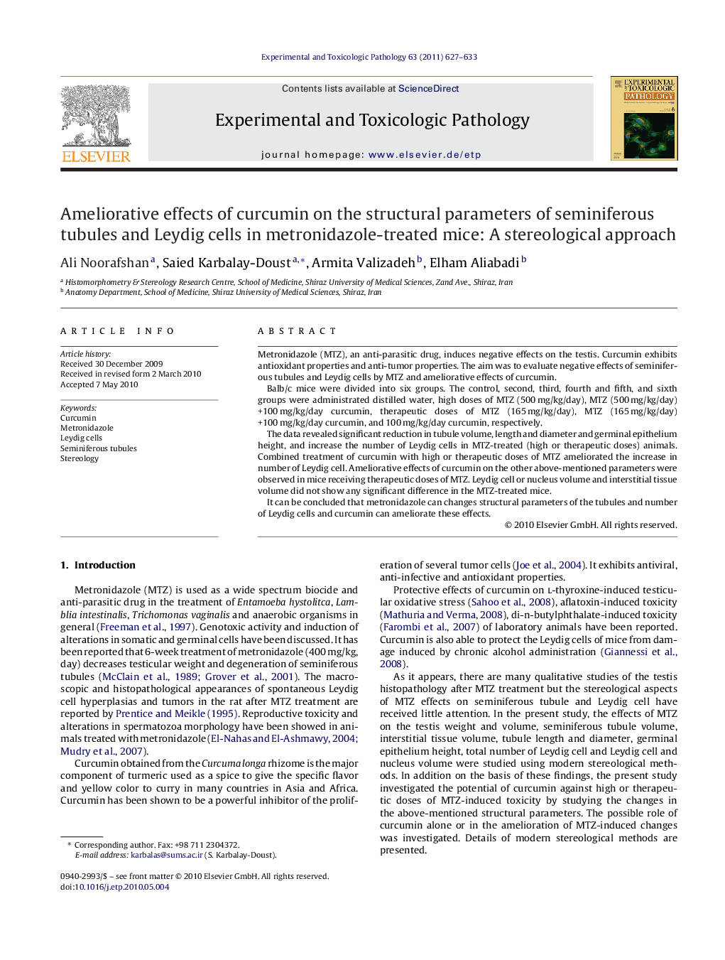 Ameliorative effects of curcumin on the structural parameters of seminiferous tubules and Leydig cells in metronidazole-treated mice: A stereological approach