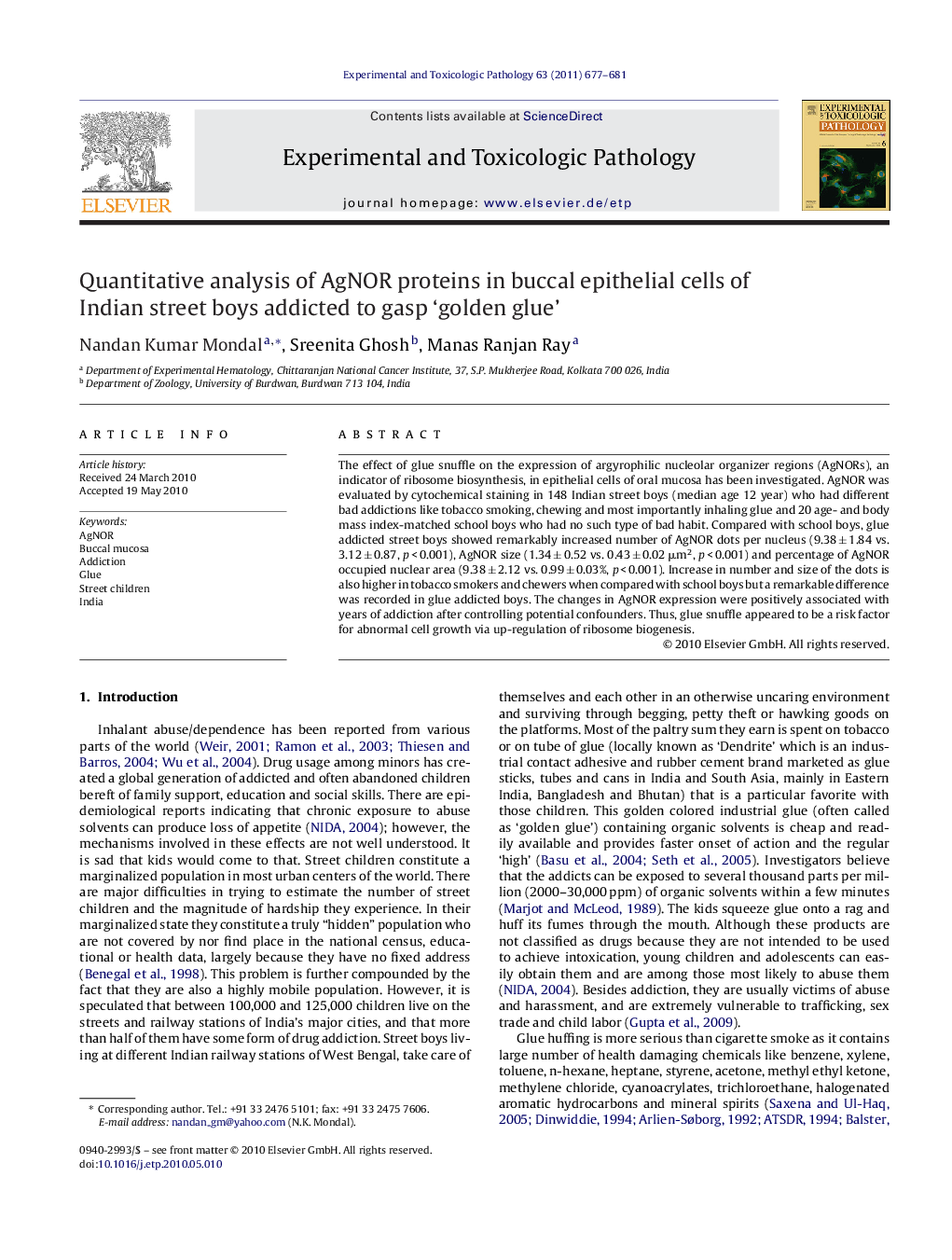 Quantitative analysis of AgNOR proteins in buccal epithelial cells of Indian street boys addicted to gasp ‘golden glue’