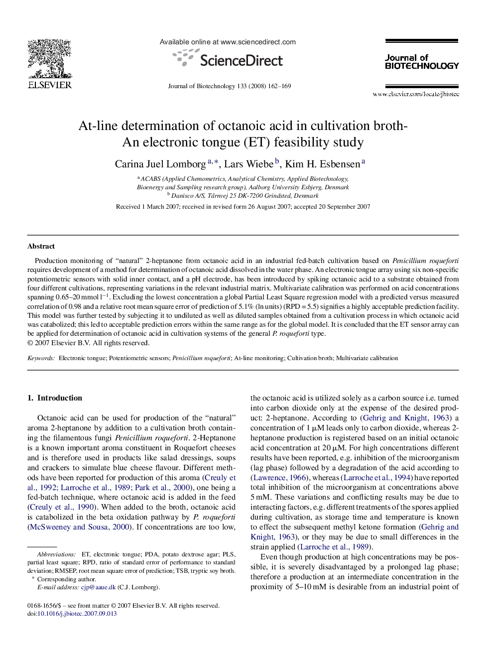 At-line determination of octanoic acid in cultivation broth-An electronic tongue (ET) feasibility study