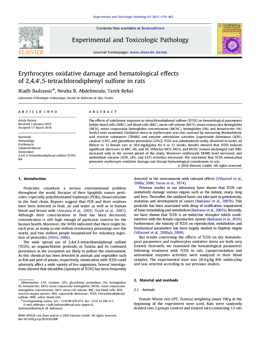 Erythrocytes oxidative damage and hematological effects of 2,4,4′,5-tetrachlorodiphenyl sulfone in rats