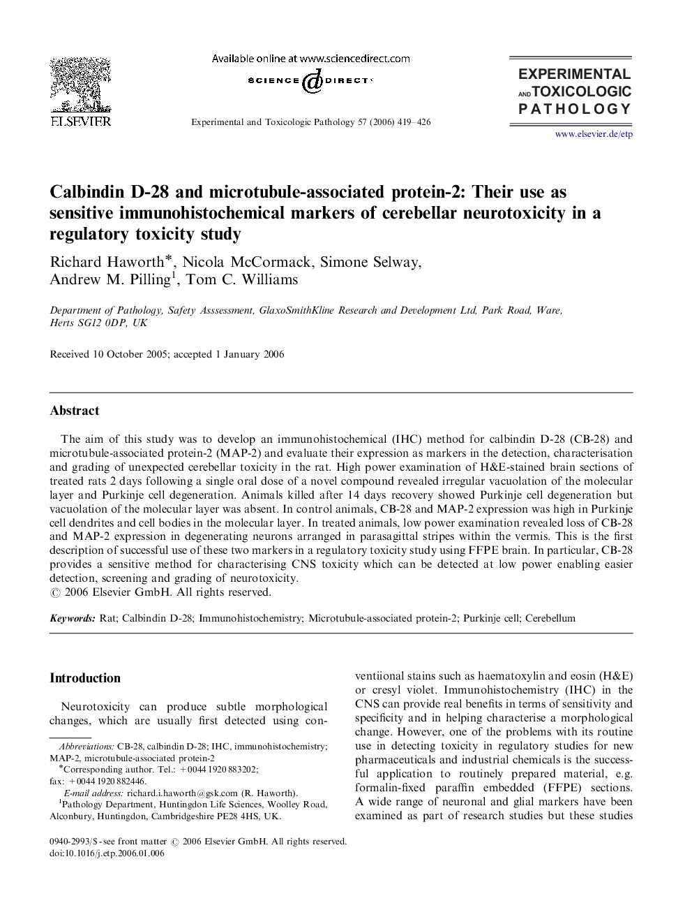 Calbindin D-28 and microtubule-associated protein-2: Their use as sensitive immunohistochemical markers of cerebellar neurotoxicity in a regulatory toxicity study